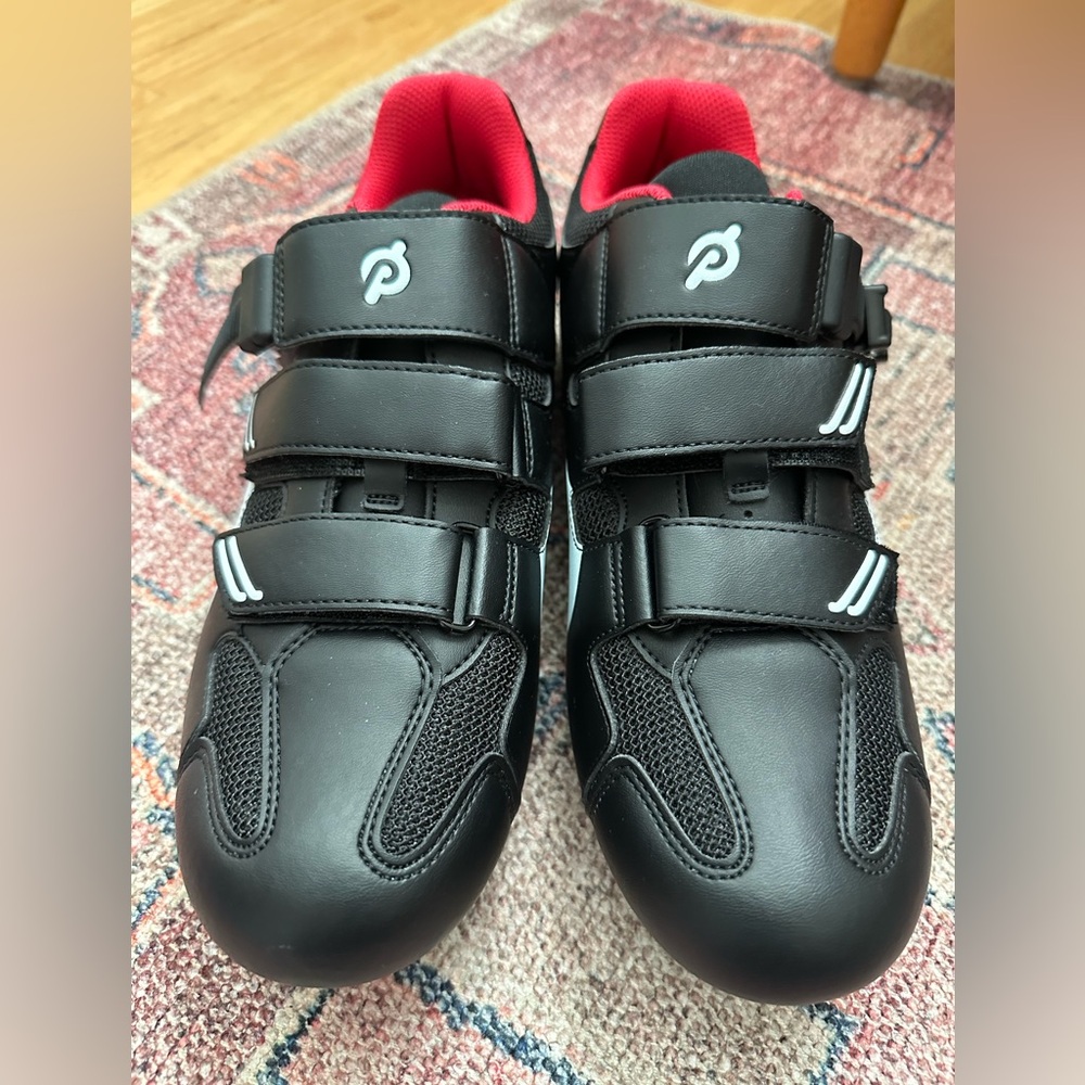 Peloton Black Cycling Shoes with Red Lining and White Accents